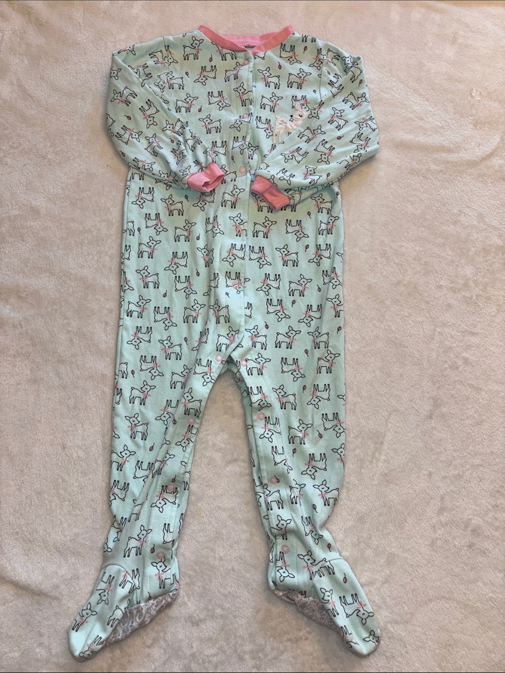 (2 for $10) PEKKLE Kids Mint Deer Print One-Piece Footed Pajamas with Pink Trim
